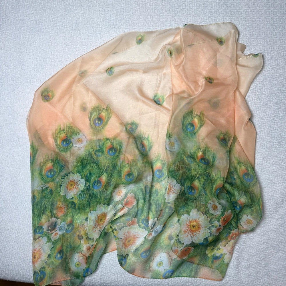 Vintage 100% Silk Square Scarf Peacock Feather Floral Print Peach Green 27x27